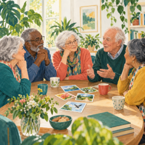 Illustratie van ouderen die samen in gesprek zijn.