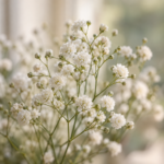 Witte bloemetjes in zacht licht tegen een rustige groen-beige achtergrond.